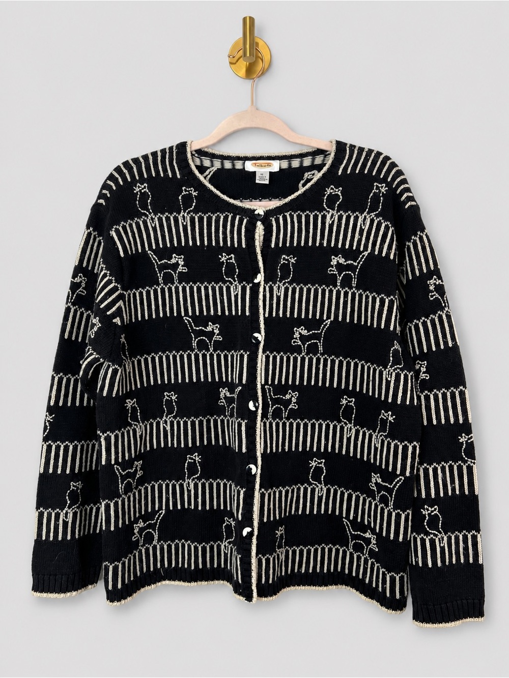 Talbots Black Cat Print Knit Cardigan Sweater Button Front Novelty Cat